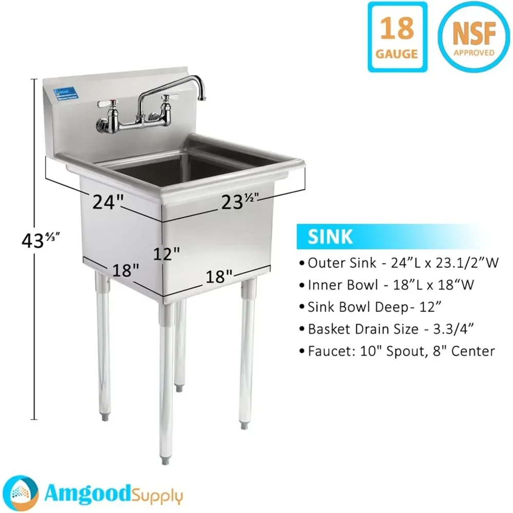 Stainless Steel Prep Utility Sink, with Faucet | 304 Stainless Steel  24