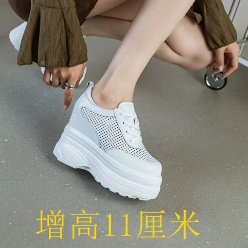 Spring Women's 11cm Invisible Heel White Leather Sneakers - Extra Thick Sole Comfort Loafer Flats, Breathable Perforated Design