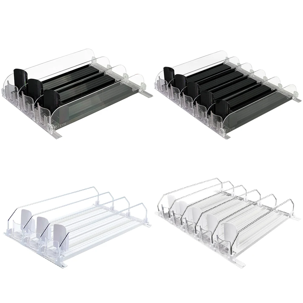 

Canned Beverage Push Rack Drink Organizer Dispenser Spring Push Adjustable Width Storage Shelf E-shaped Glide for Kitchen Fridge