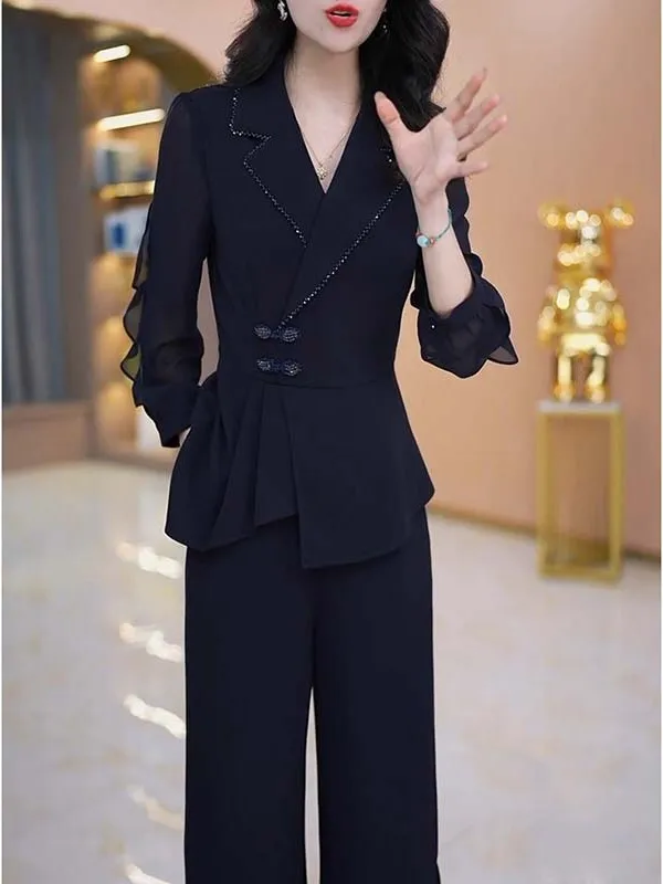 

Women's Long Sleeve Suit Collar Two-Piece Set Spring New Style Straight Leg Pants High Waist Business Style Pure Color JT0049