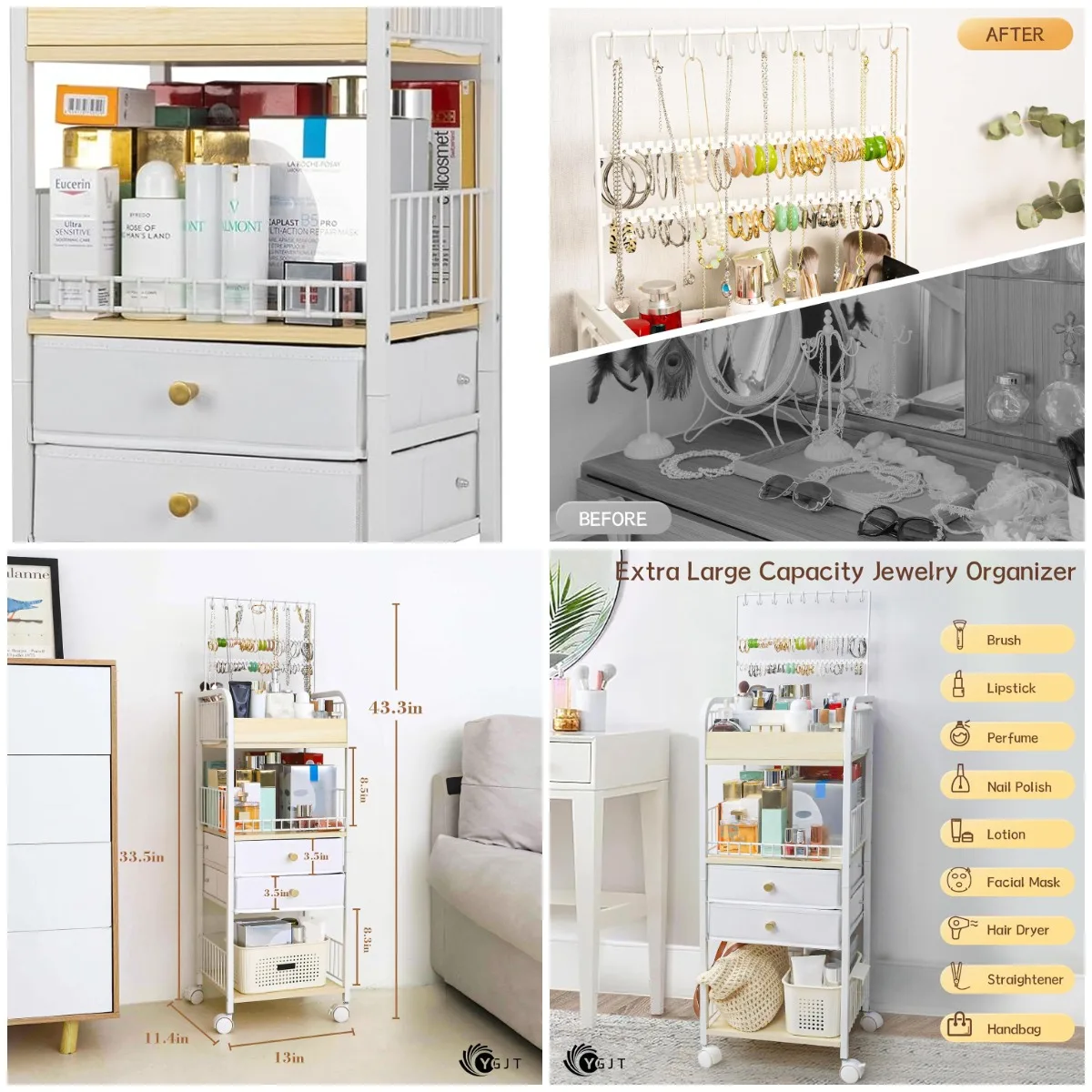 

Makeup Organizer with Drawers, Skincare & Jewelry Storage for Earrings, Necklaces, Perfume, Brushes, Nail Polish