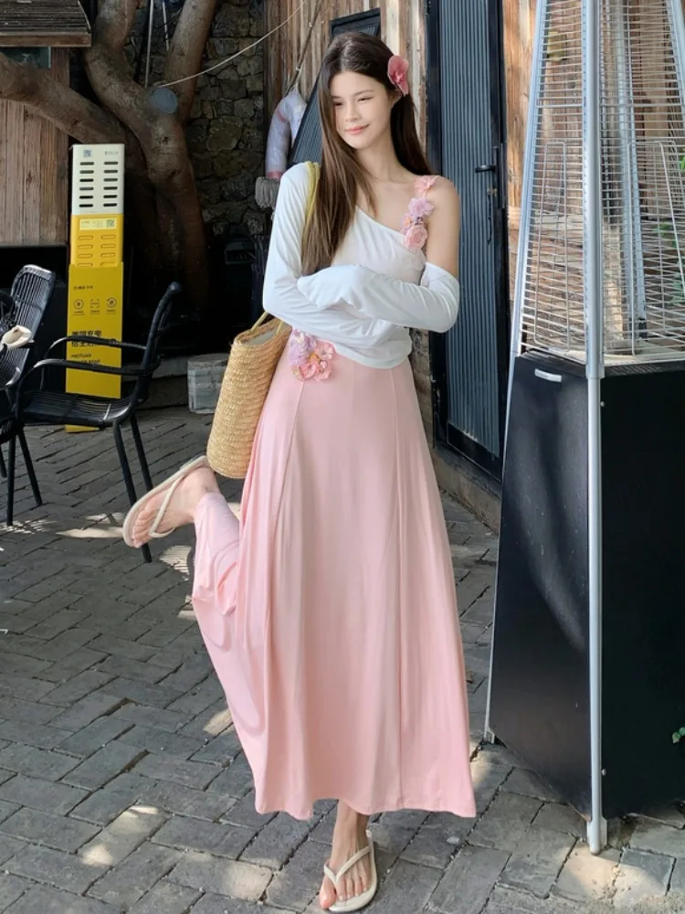 

plus Size Summer Korean Style Soft Wind Waist Inward Flower Print Dress Shoulder Baring Top Bottom Two Piece Set Women's Fashion