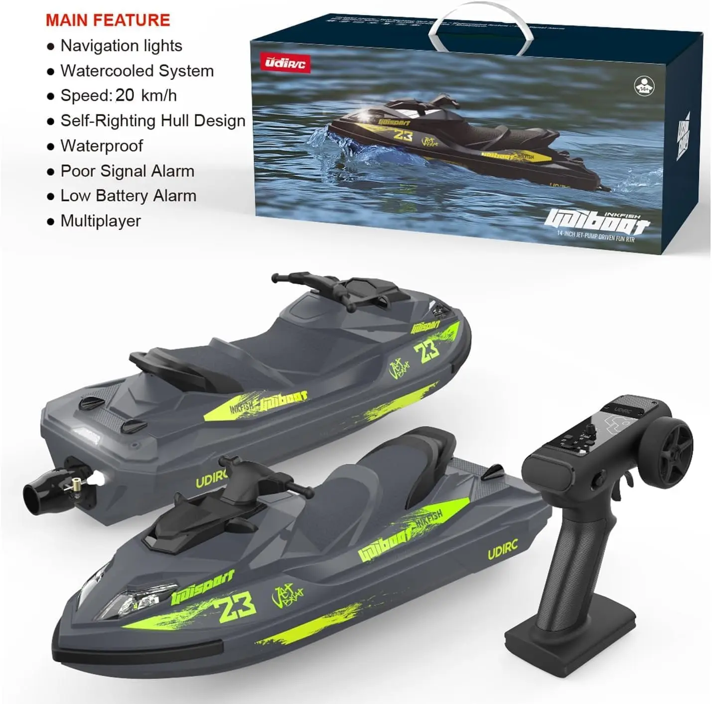 33CM RC Jet Kayak with a Speed of 20 kilometers per Hour, Equipped with 7.4V 2000mAh 14+Front and Rear Lights, Suitable for Lake