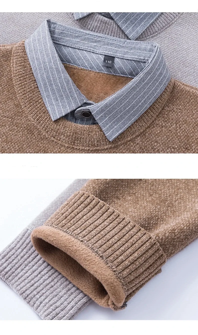 Hochwertiger, warmer Plüsch-Strickpullover für Herren, Herbst-Winter-Komfort, lässige Mode, gefälschter zweiteiliger gestreifter Hemdkragen-Pullover – Detail 13