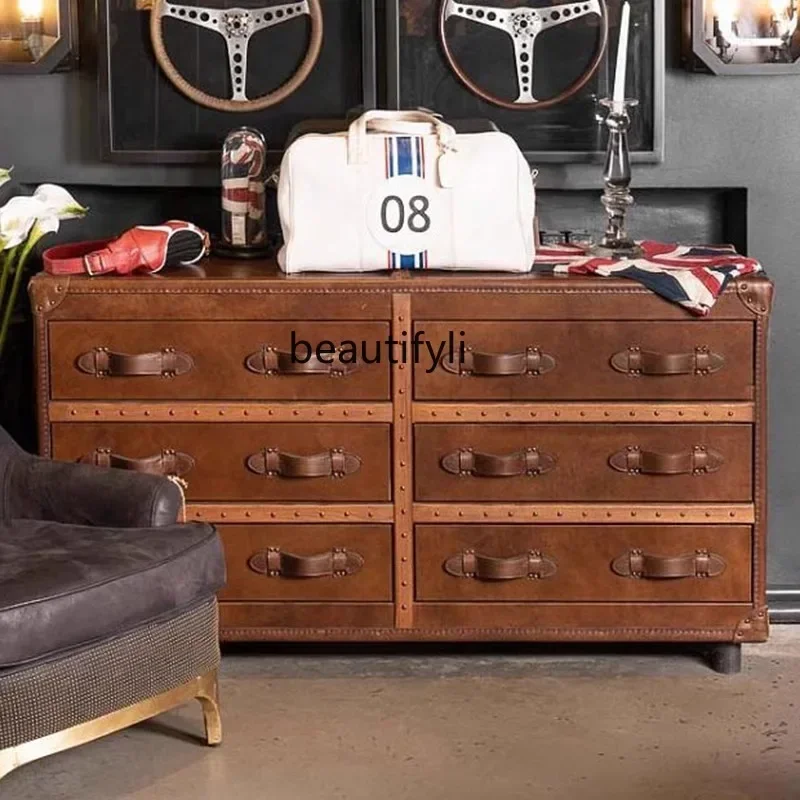 

Esmt163 French medieval leather box bucket cabinet American retro oil wax leather bucket cabinet storage cigar bar room storage