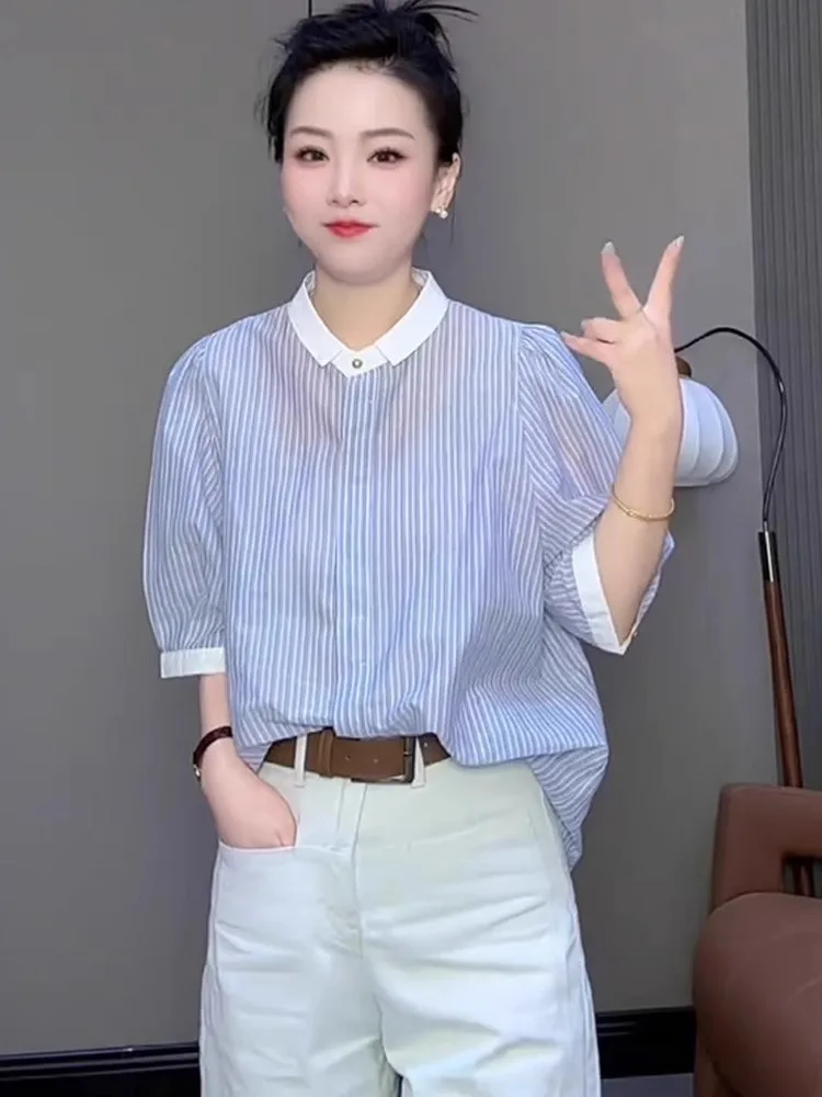 

High-End European Sle Women's irt Summer 2025 Striped Color Blo Chiffon Svel Ne Straight Cut Office Wear