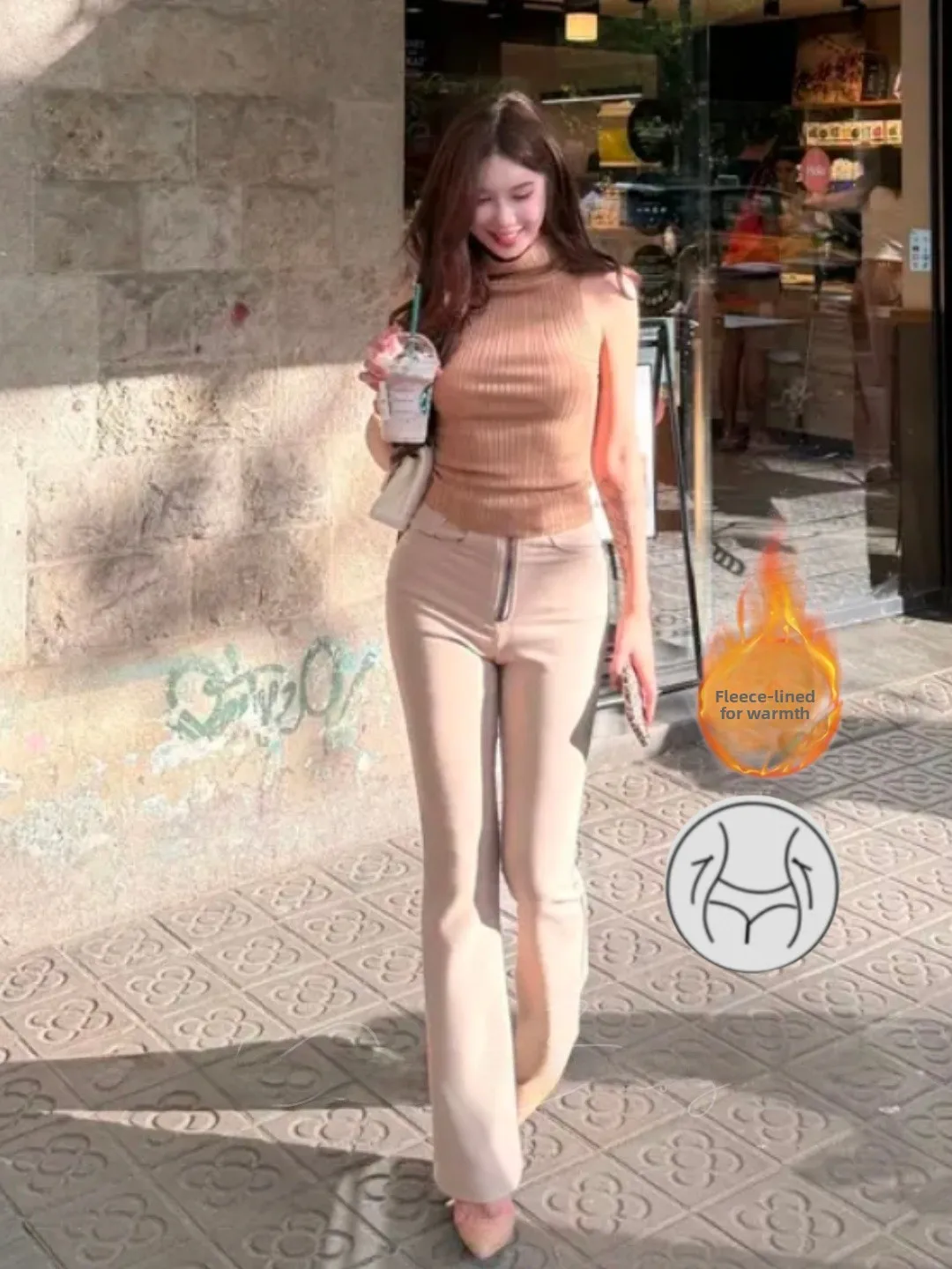 

High Waist Fce Lined Flared Jeans Women's Elastic Korean Sle Autumn Spring Cotton Stretch Denim Zipper Micro Flare Jeans