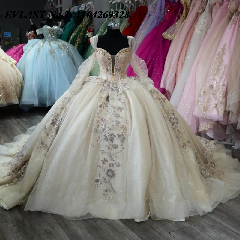 EVLAST Customized Glitter Beige Quinceanera Dress Ball Gown Applique Beaded Bow Corset Sweet 16 Dress Vestidos De 15 Anos E3Q522