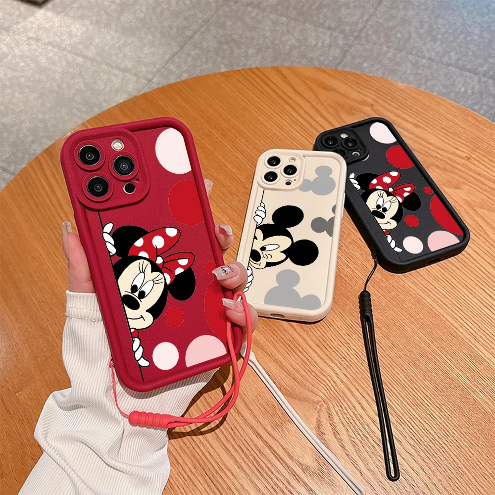 Fashion Disney Mickey Minnie Mouse Phone Case for IPhone 16 15 14 13 12 11 Pro Max Mini Plus Soft TPU Back Cover With Hand Strap