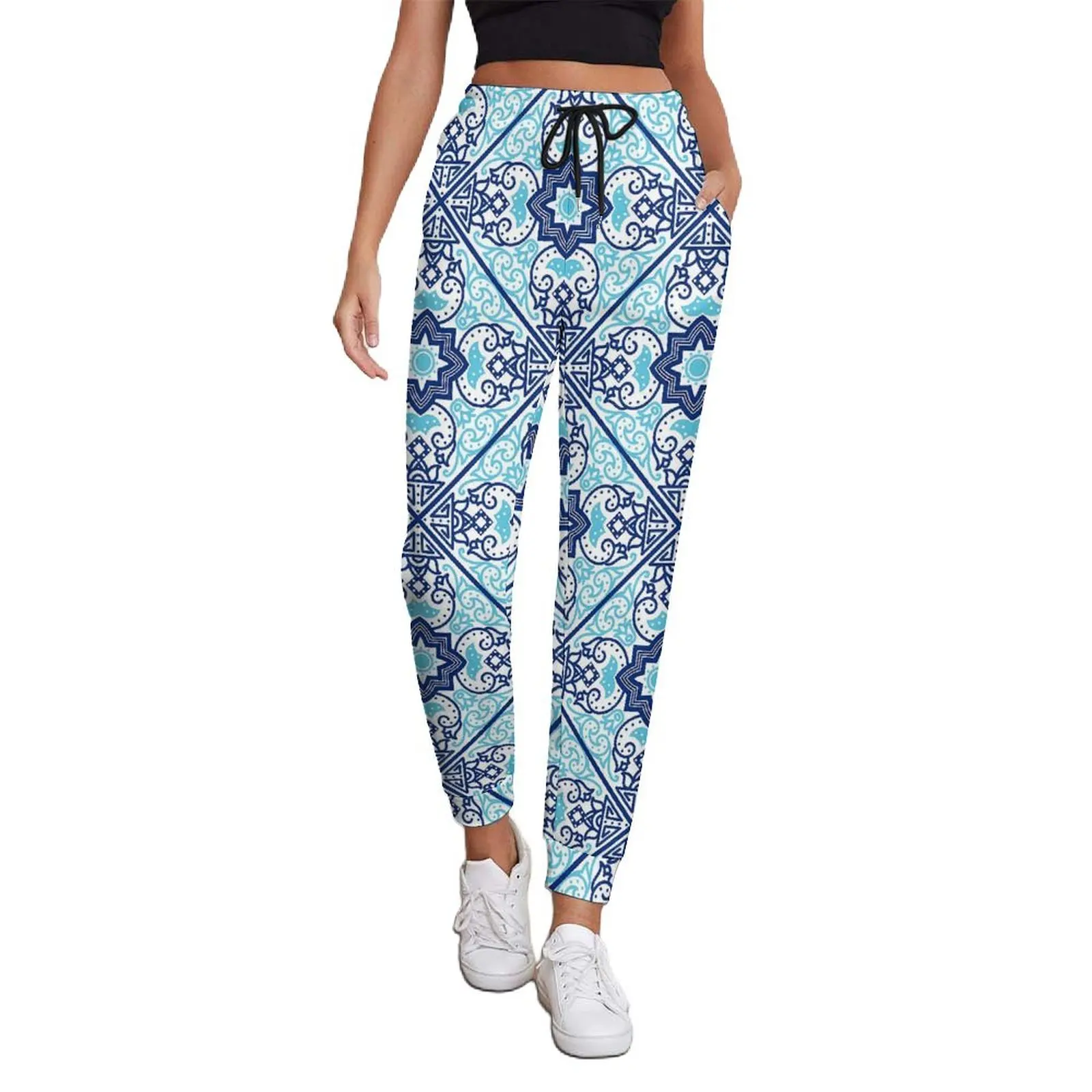 Retro Ethnic Pants Blue Tribal Print Harajuku Sweatpants Autumn Female Classic Design Oversize Trousers Birthday Present