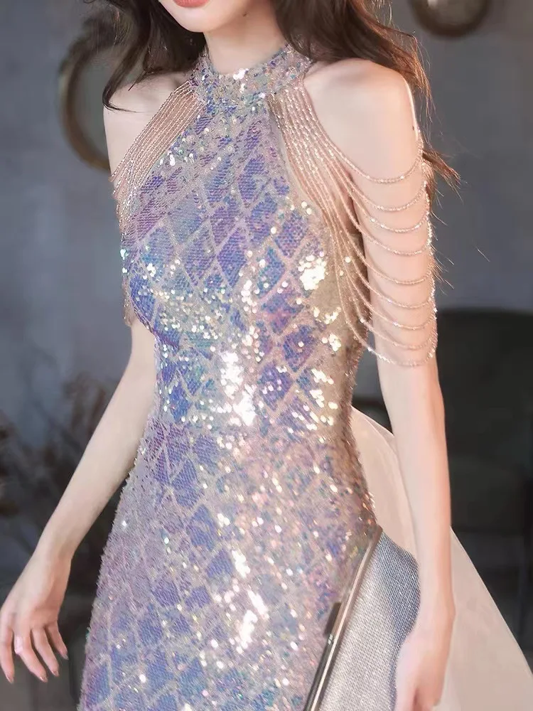 Shiny Sequin Mermaid Birthday Party Gowns Hanging Neck Off Shoulder Beading Tassels Sleeveless Tulle Bow Court Formal Vestidos