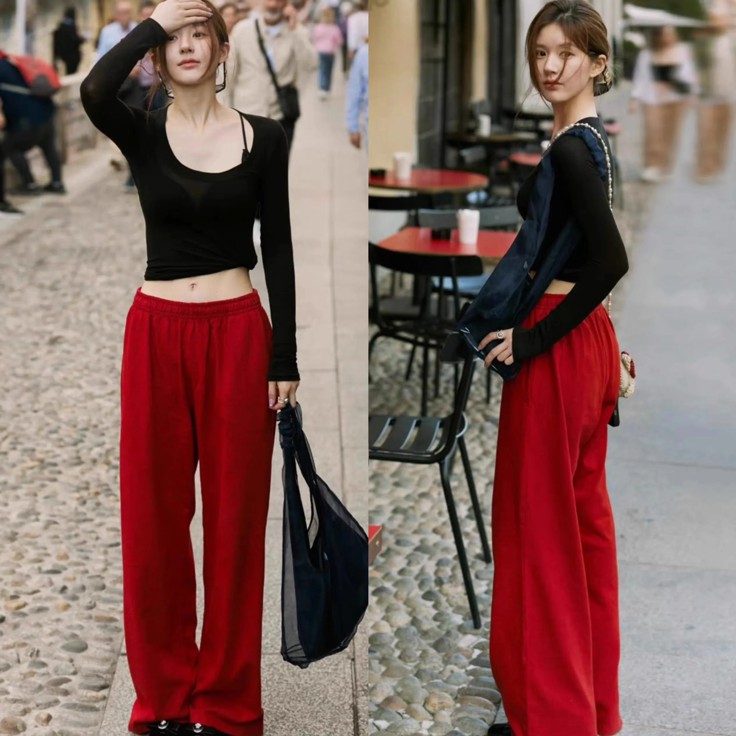 

EXJR Zhao Lu Si Wool Knitted Base Shirt Casual Wide Leg Pants Set U-Neck Fashionable Women's Ensemble Autumn Red Leisure