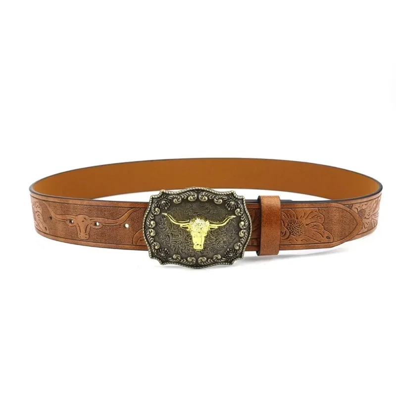 

Fashion Western Denim Belts for Men Cowhead Large Plate Trendy Retro Social Youth Punk Knurling PU Leather Belt Accessory