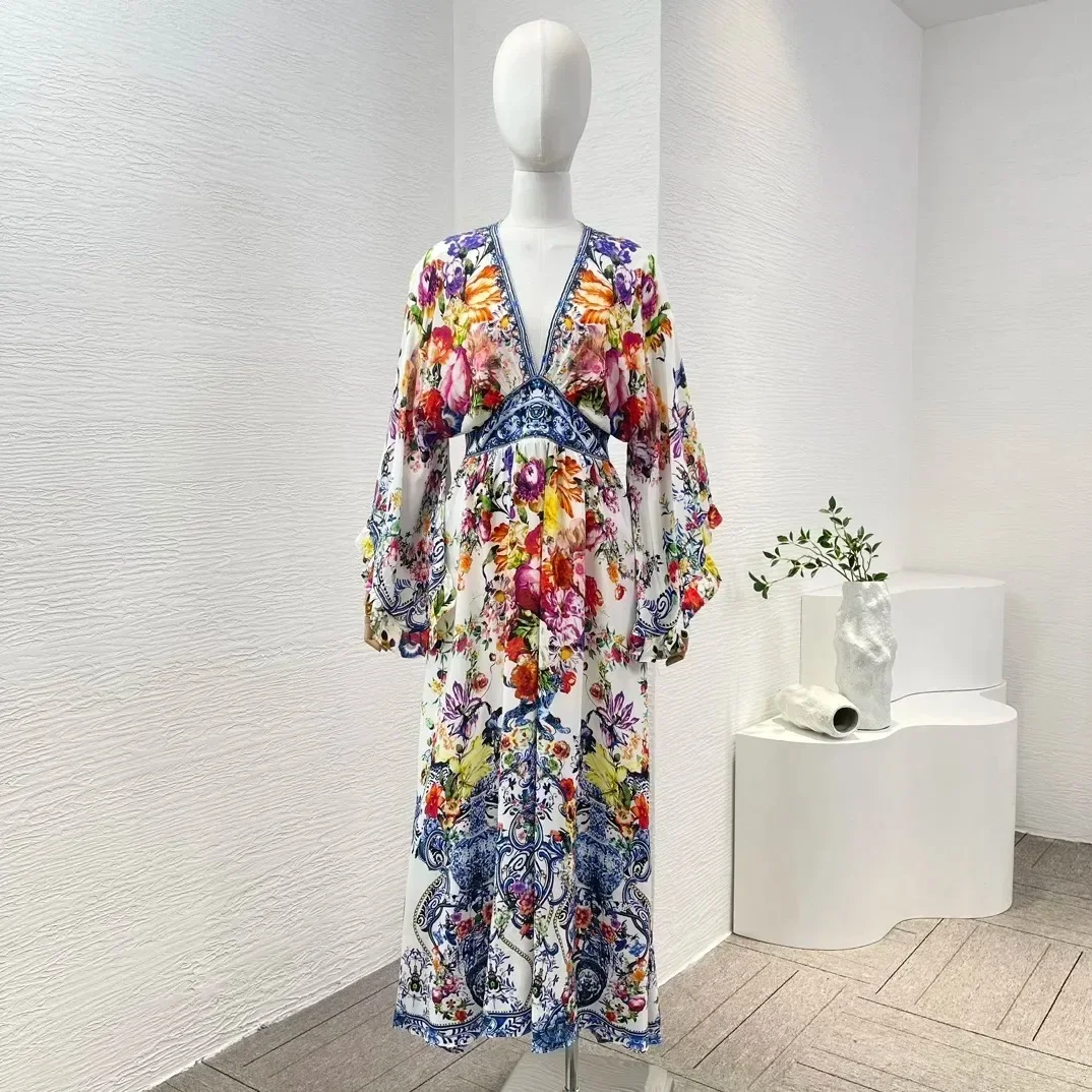 

High Quality Silk Multicolor Long Sleeve Floral Print Diamonds Pressed V Neck New 2024 Spring Summer Midi Dress for Women