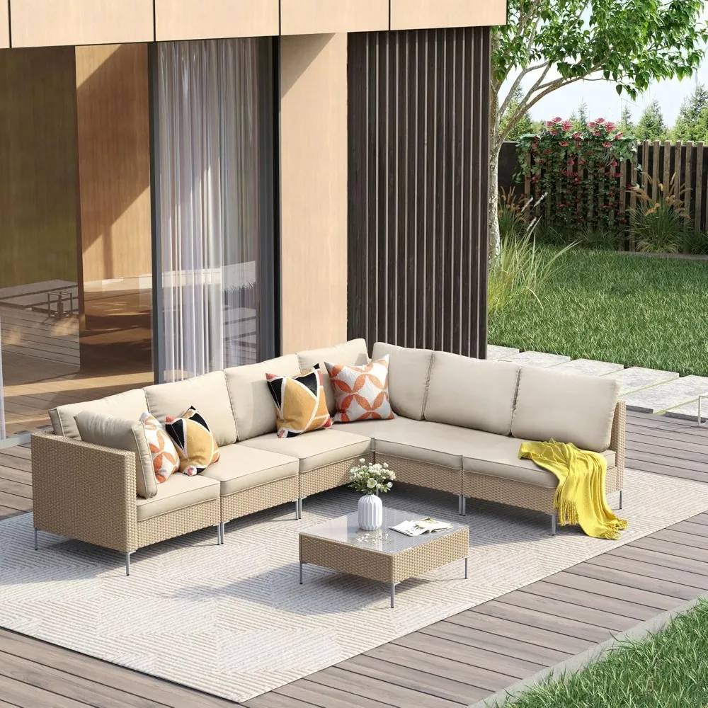 

7-piece Set of Soft Padded Outdoor Furniture, Willow Outdoor Segmented Sofa Set with Glass Countertop