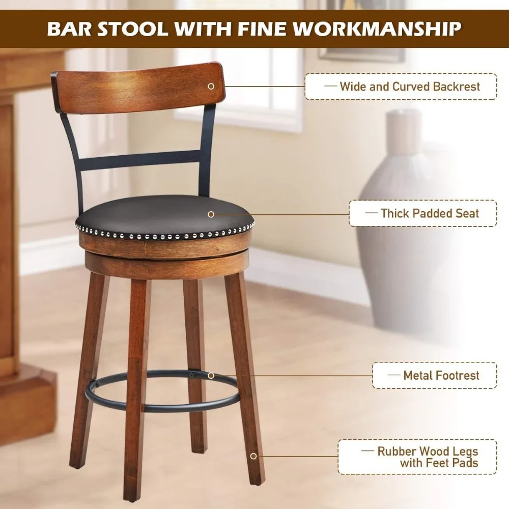 Taburetes de Bar con asiento acolchado de cuero, asiento giratorio de 360 grados, respaldo de escalera de una sola listón y patas de madera de goma maciza, 2 uds.