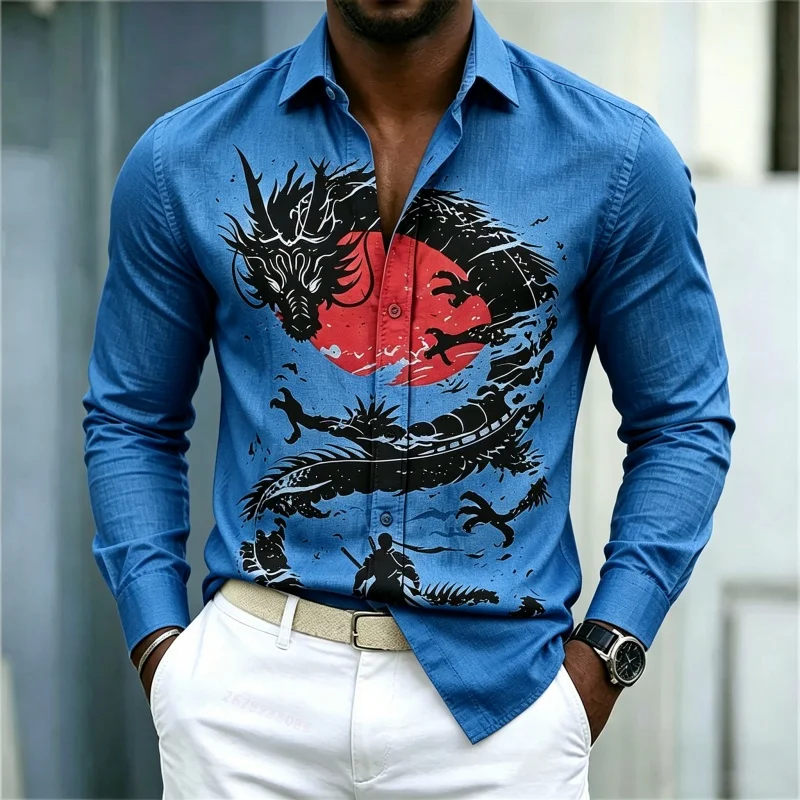 2026 New Men's Shirt White Black Red Contrast Dragon Pattern Shirt Street Style Fashion Casual Business Long Sleeve Men's Wear view 6