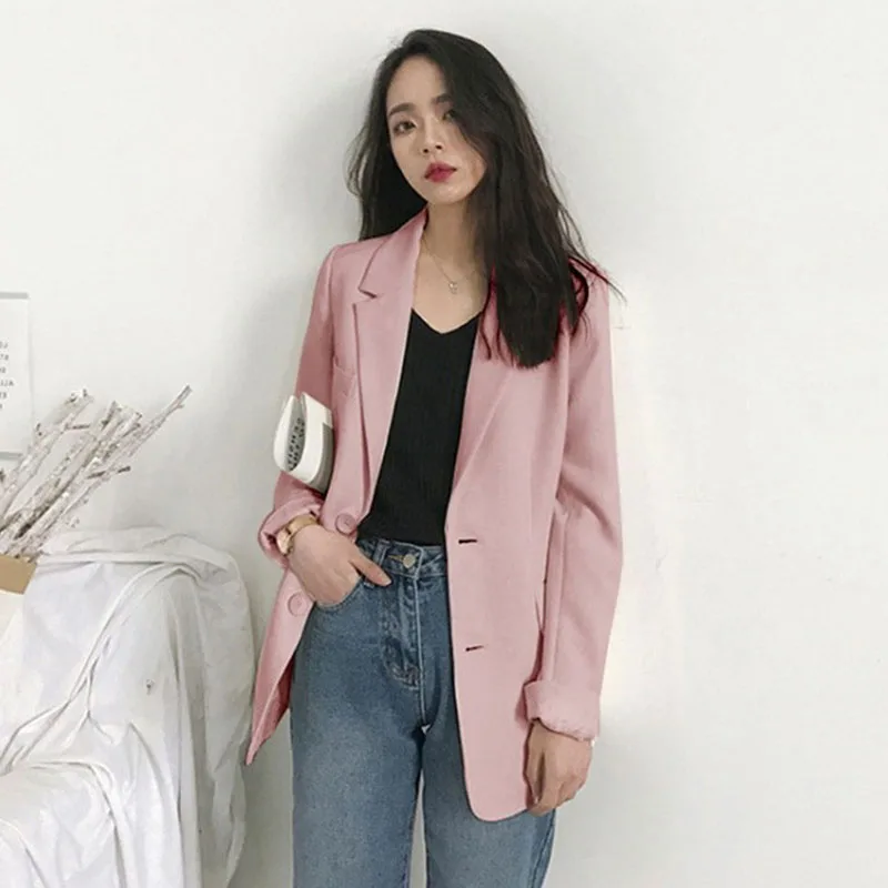 Elegant Women's Blazer Jacket Black Long Sleeve Button-Up Notch Lapel Office Jackets Woman Casual Solid Color with Pocket Blazer