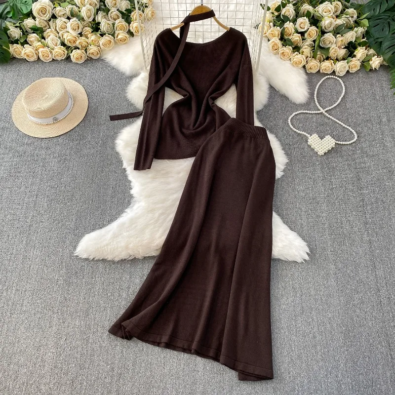 

Осенний серый свитер, 1 комплект, элегантный, легкий, для взрослых, нерегулярные ленты, вязаные топы, длинные юбки «рыбий хвост», женский комплект из двух предметов