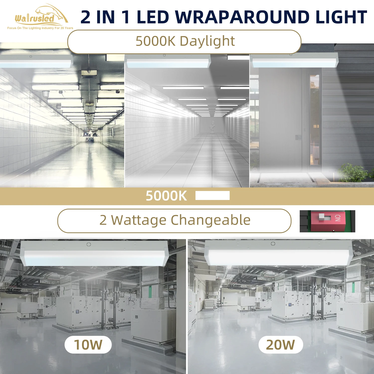 2 Foot LED Wraparound Emergency Stairwell Light, Battery Backup, IP20 20W 2500lm 5000K Flush Mount Wrap Shop Ceiling Fixture FCC