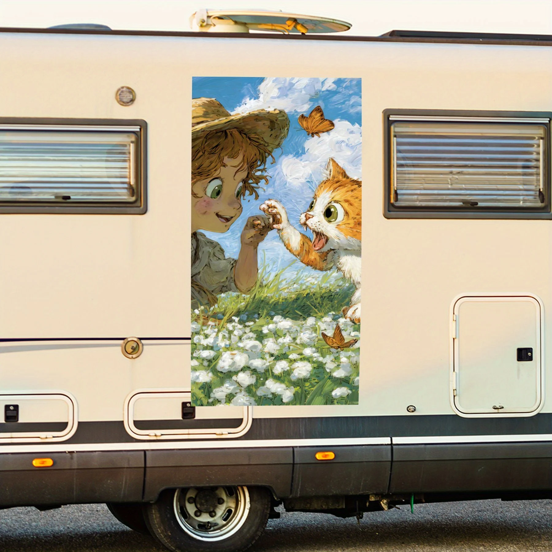 

Girl and Cat in Flower Field Car Sticker,Waterproof Vinyl Decal for RV Side, Self - Adhesive Stickers to Decorate & Protect RV B