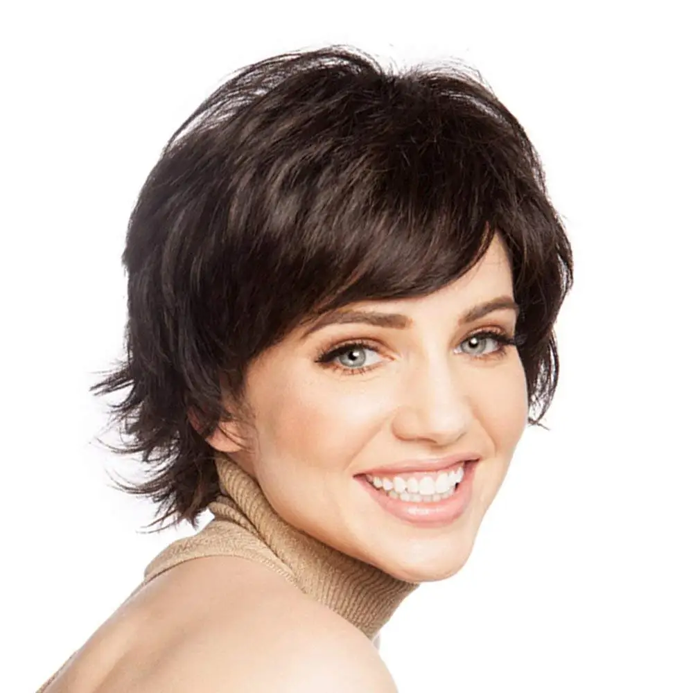 Dark Brown Pixie Cut Wig For Women, Short Wigs With Bangs, Fiber & Remy Human Hair Blend,Natural Daily Use Hair Wig