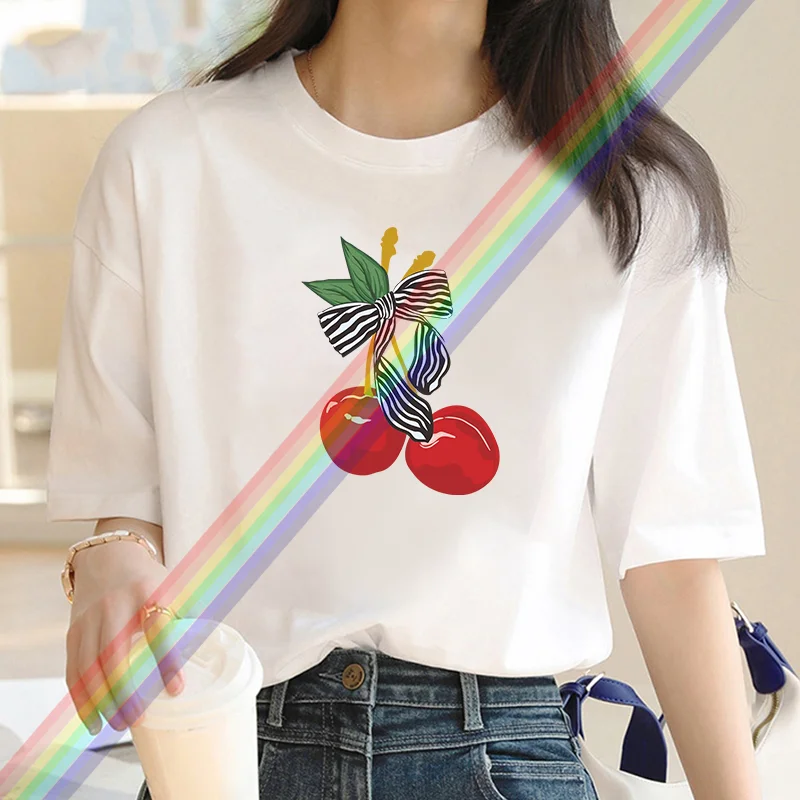 2024 Cherry Print Y2k T-shirt For Women\'s Summer Oversized Ladies Short Sleeved Tees Clothing Loose Pure 100% Cotton Soft Tops