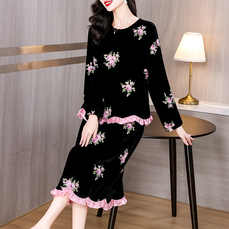 Autumn Black Velvet Long Sleeve Top Coat+Hlaf Length Skirt Two Piece Sets 2024 Female Chic Patchwork Beading Ruffled Dress Suits