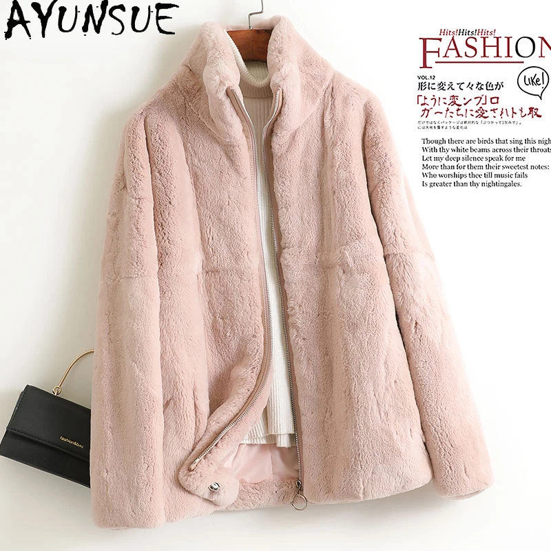 

AYUNSUE Women's Winter Coats Fashion Ladies Rex Rabbit Fur Coat Solid Color Warm Female Clothing Fur Jacket Casaco Feminino Lq