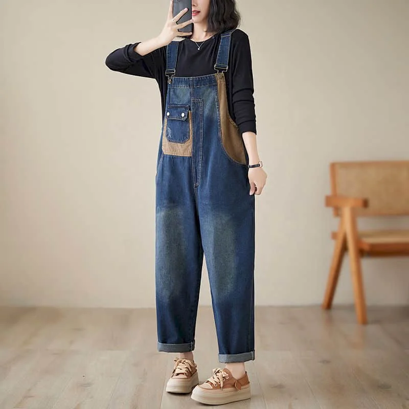 Denim Jumpsuits for Women Korean Style Rompers Solid Casual Vintage Playsuit Straight Harem Pants Patchwork Design Women Clothes