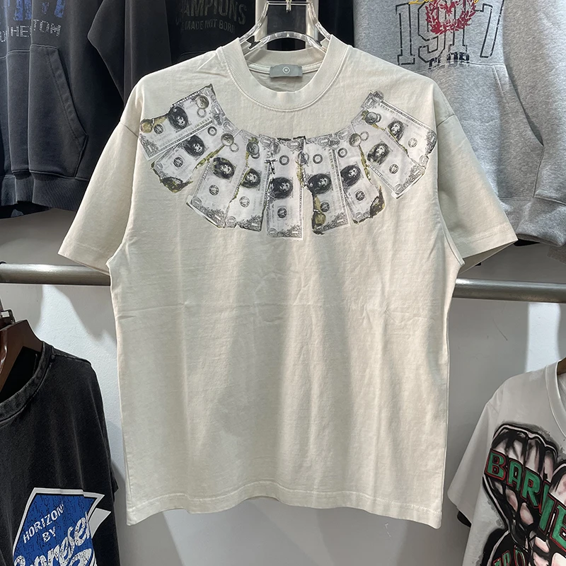 

Retro Waed American High Street Dollar Print T-irt Loose Fit round Ne ort Sve Youth Faion Breathable Cotton Tee