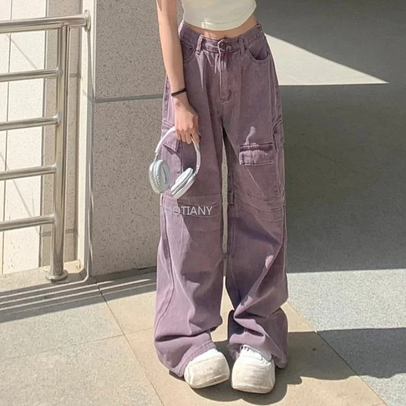 2024 High Waisted Wide Leg Pant Vintage Loose Denim Cargo Pants For Women Purple Full Length Hip Hop Style Street Dance Trousers