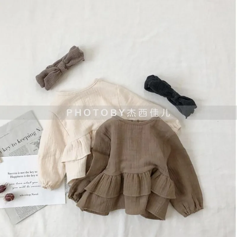 Children's Korean Version Spring and Autumn New T-shirt, Girls' Lotus Leaf Lace Drawstring Long Sleeved Cotton Yarn Top