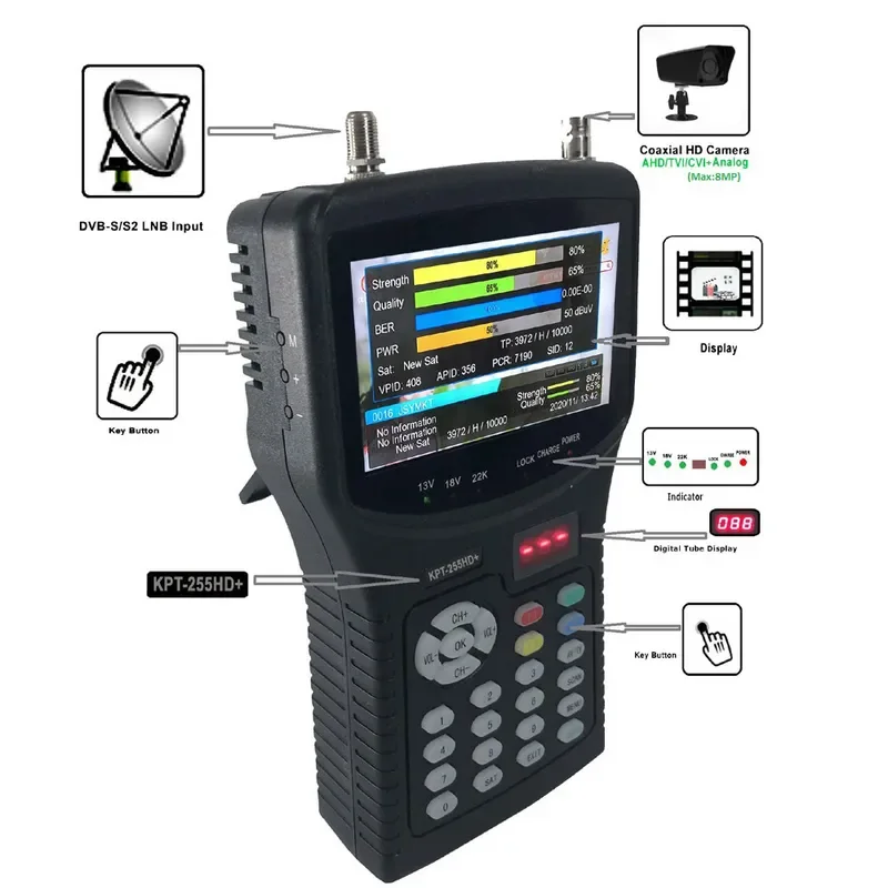 for KPT-255HD+ Satellite Finder DVB-S S2 With CCTV Tester 8MP