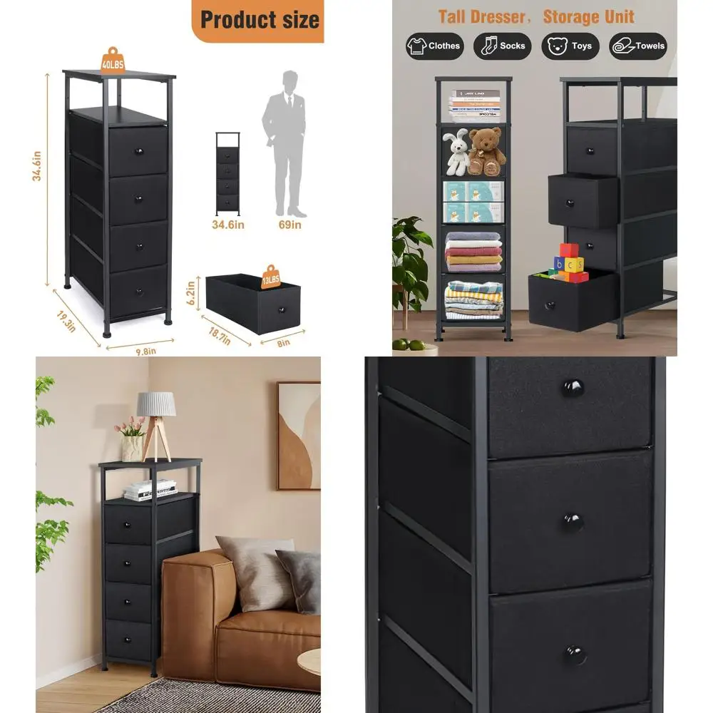 

Space-Saving Vertical Storage Tower with 4 Drawers for Bedroom, Hallway, and Entryway in Black