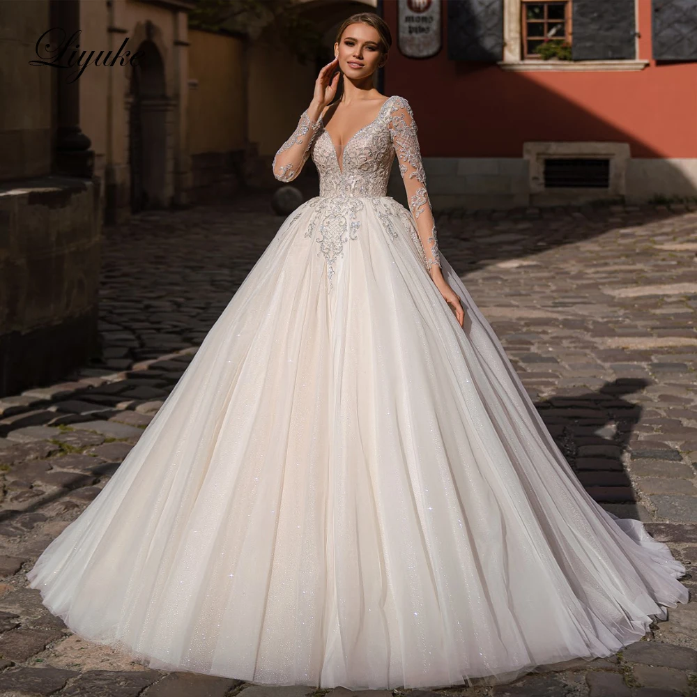 

Liyuke Elegant Sliky Tulle V-Neck A-Line Wedding Dress Beading Appliques Lace Full Sleeves Bridal Gowns