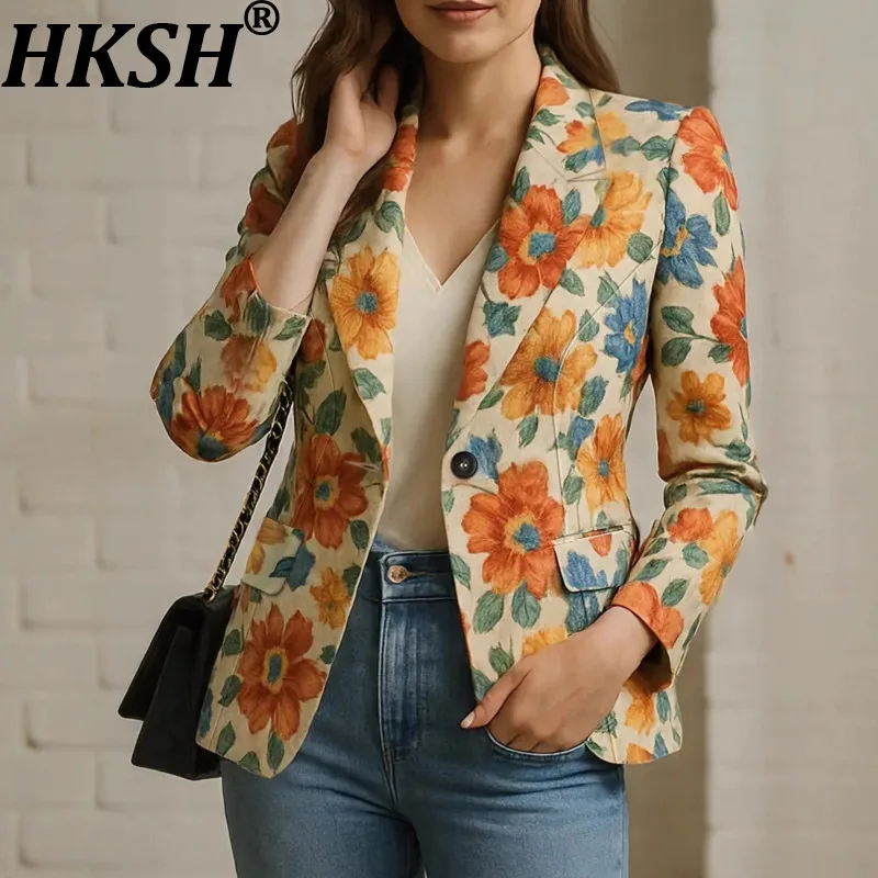 

HKSH Spring Autumn New Women Blazer Printed Long Sleeves Single Button Notched Collar Versatile Elegant High Street Coat HK16724