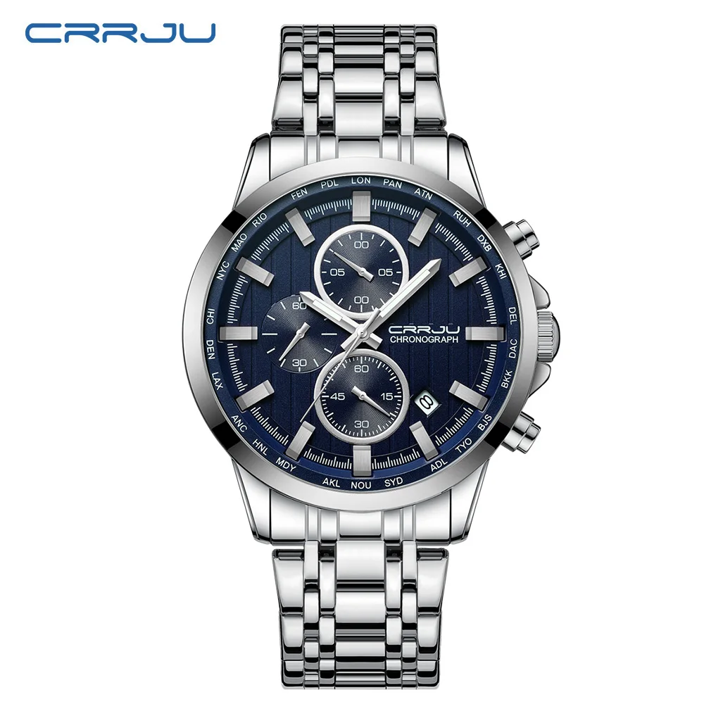 Watches for Men CRRJU Mens Watches Luxury Business Stainless Steel Chronograph Moon Phase Waterproof Date Analog Quartz Dress