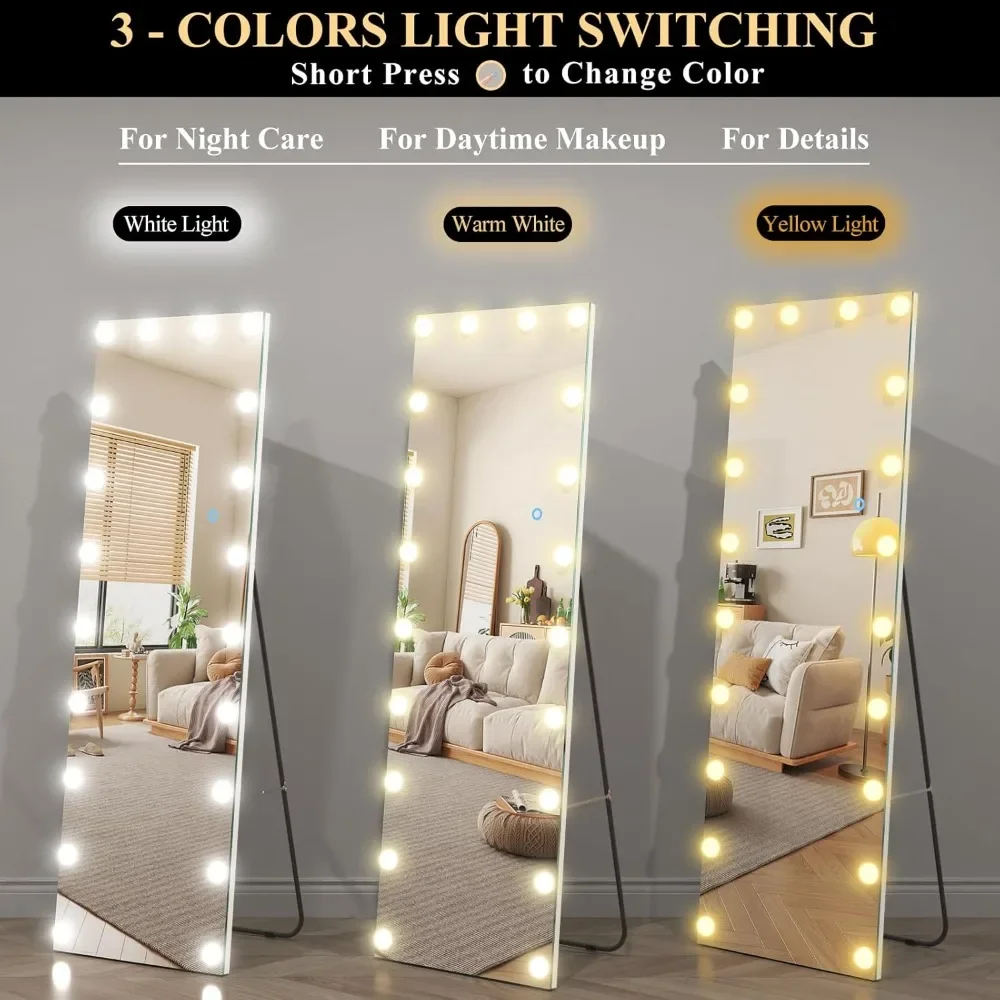 63"x20" Full Length Mirror with Lights, Wall Mounted Dressing Touch Control Mirror for Bedroom Living Room, Free Standing Mirror