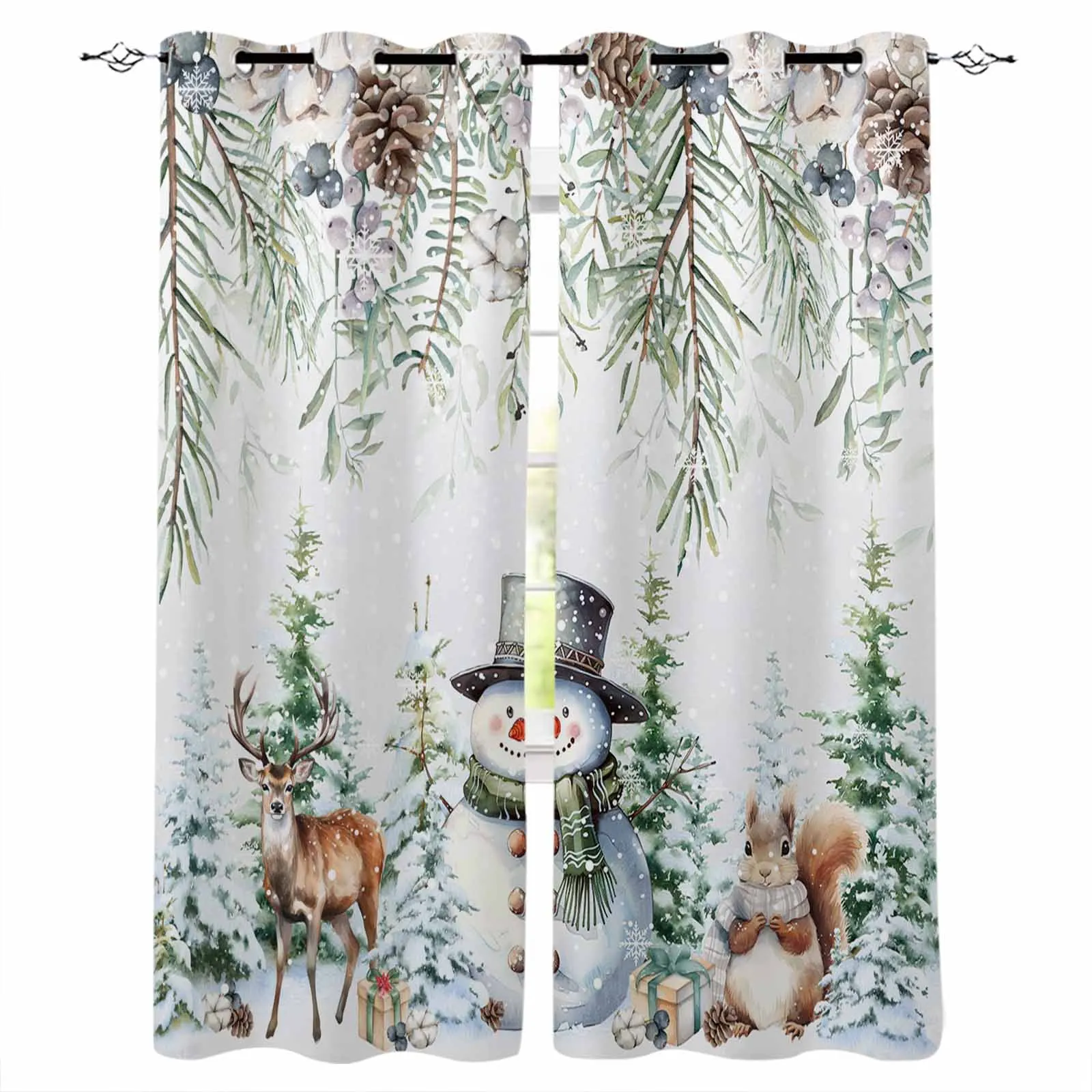 Christmas Snowman Berry Pine Squirrel Treatments Curtains Valance Living Room Curtain Curtains Bedroom Decor Kids Room Curtain