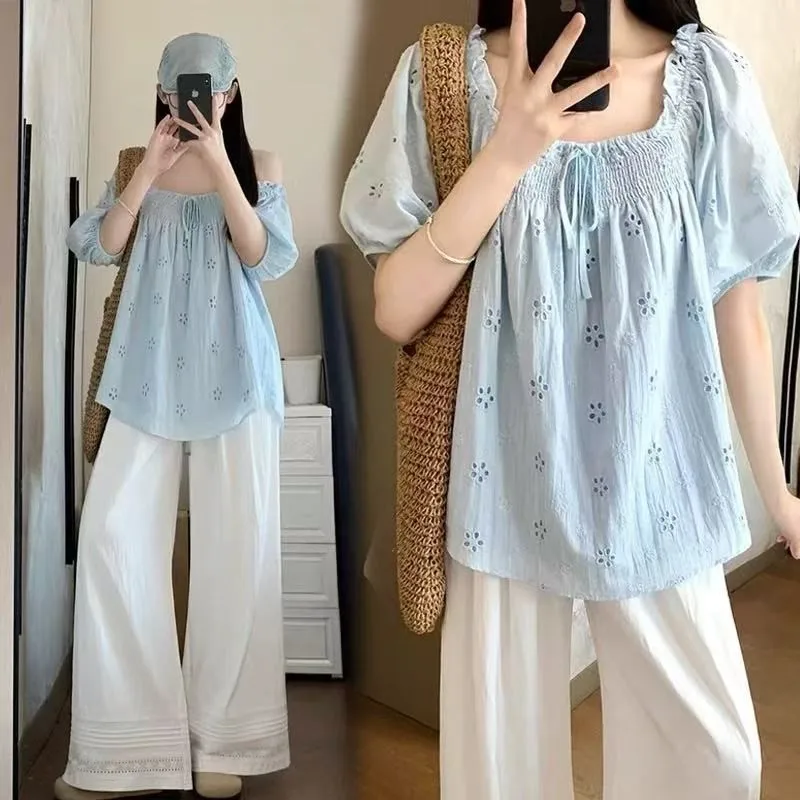 

Креативный комплект одежды для беременных, летнее платье, новинка 2025 года, кружевные брюки с короткими рукавами и вышивкой, комплект из 2 предметов LI200