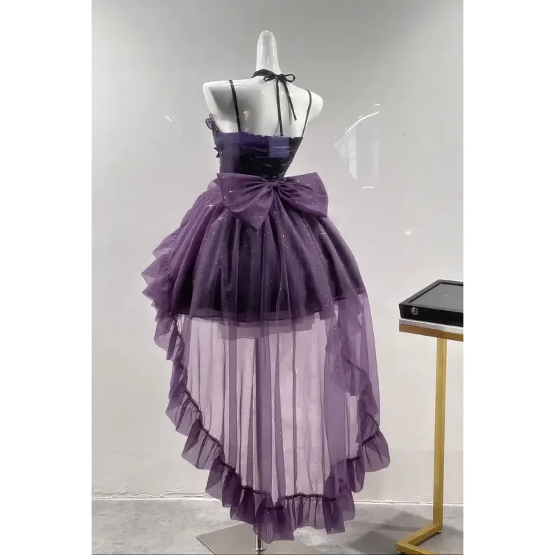 Daily sweet Lolita purple mini dress cute sexy strapless sling slim ball gown dress for women bow lace up kawaii summer dress