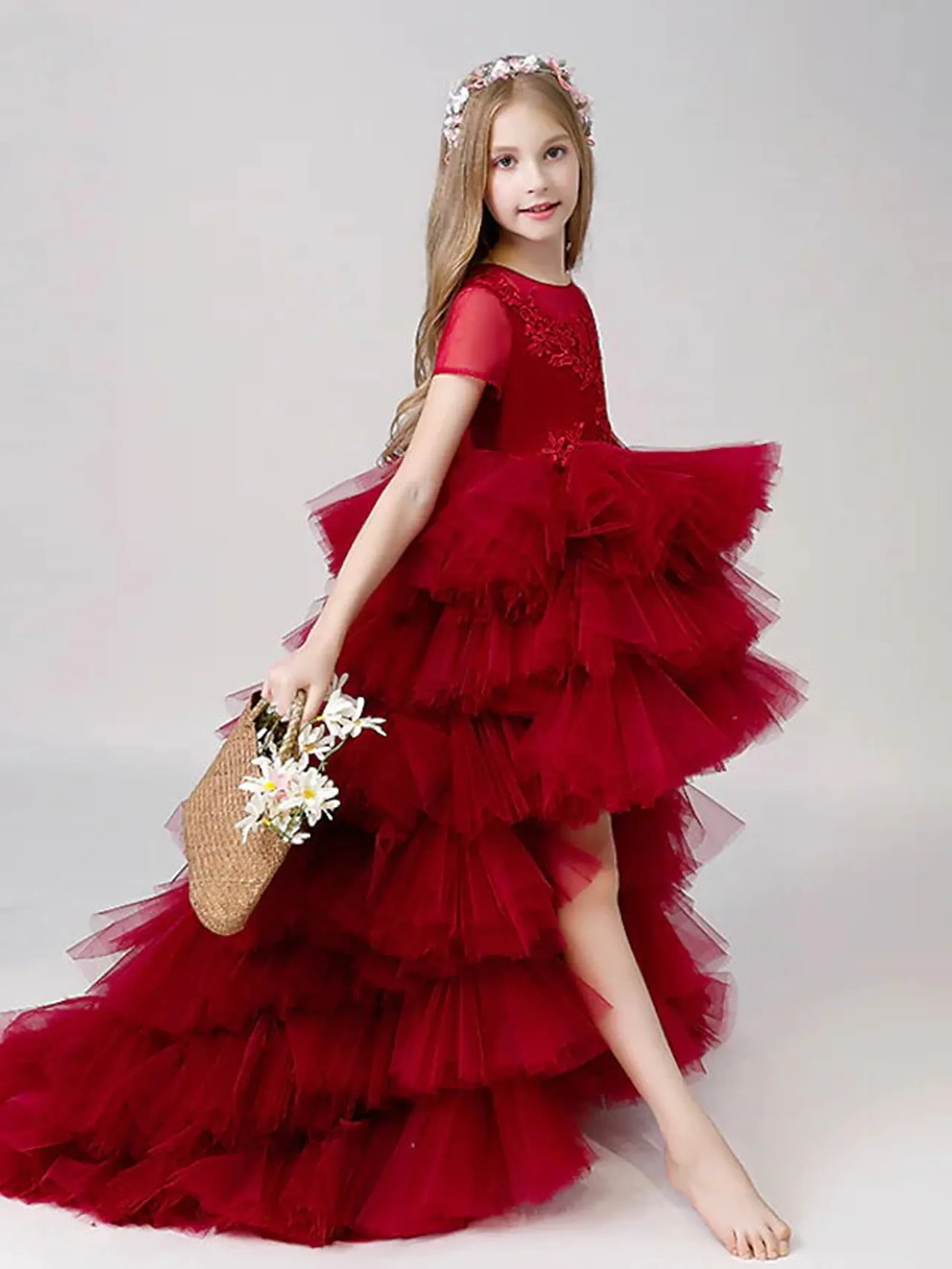 Red Flower Girl Dresses For Wedding Kids Tiered Tulle First Communion Dress Long Custom Made High Low Pageant Birthday Gown