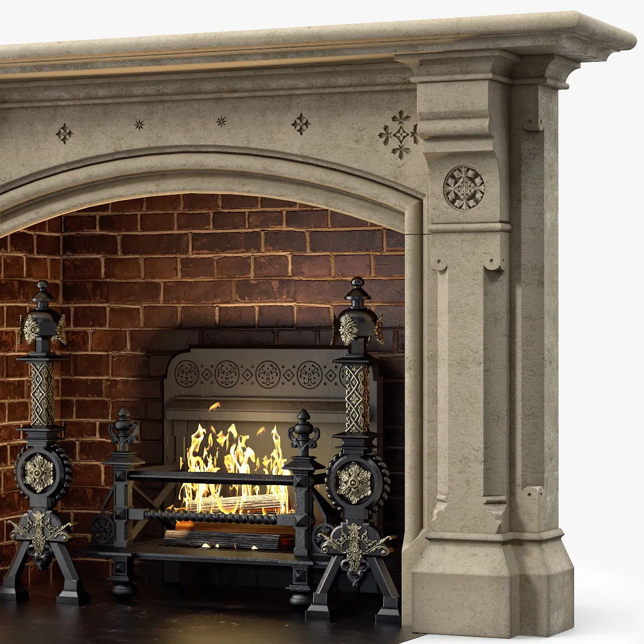 Victorian Fireplace With Ornate Mantel And Brick Backdrop