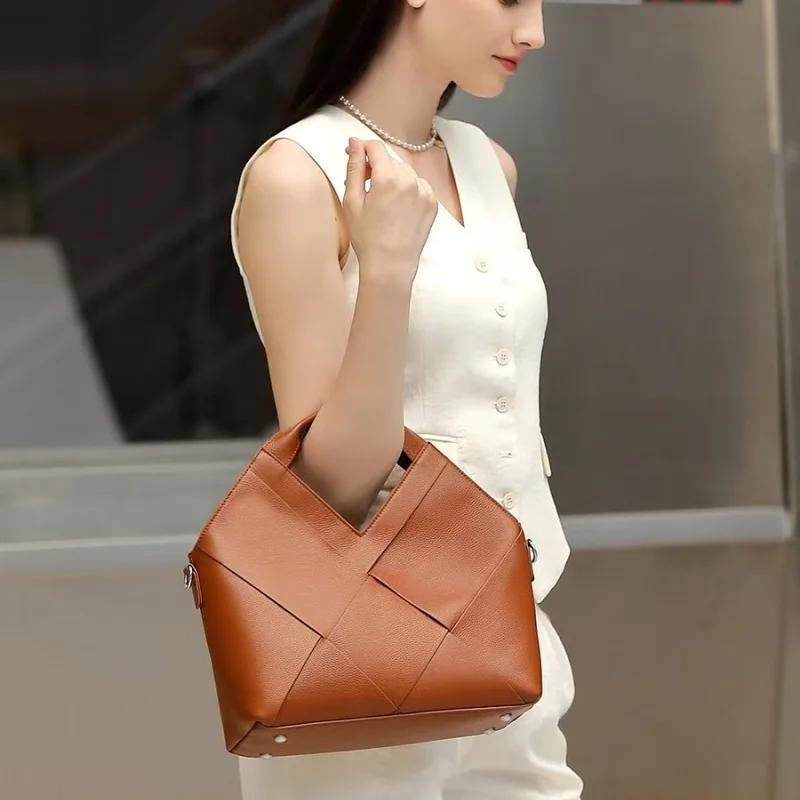 New Top Layer Cowhide Handbag Inverted Triangle Design Soft Leather Light Luxury Genuine Leather Single Shoulder Woven Bag