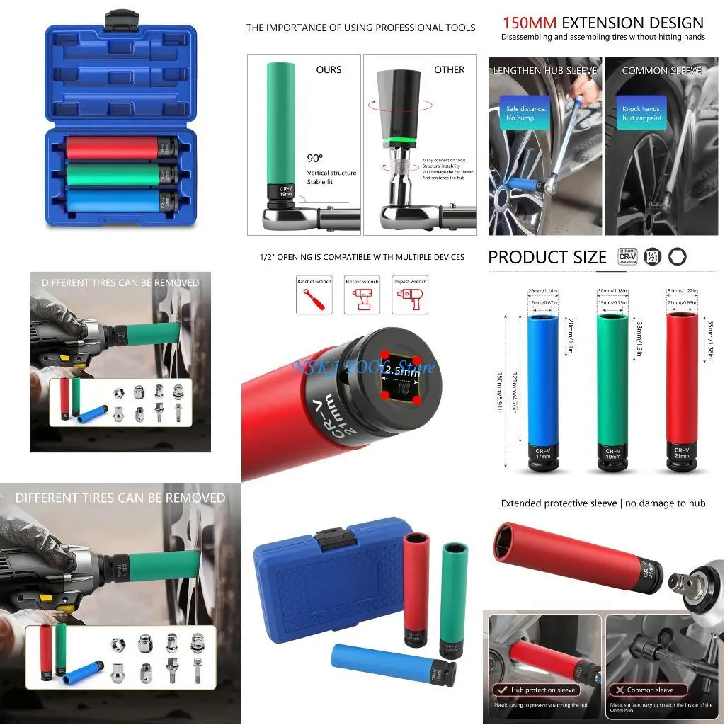 

L8RC Extended Length Anti Slip Socket 17mm 19mm 21mm Heavy Duty Wheel Changing