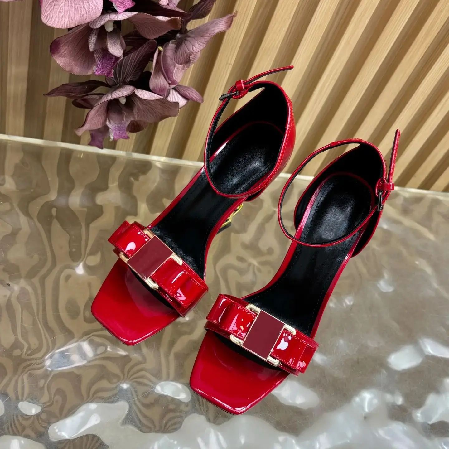 

2025 new women's patent leather square toe block heel sandals with gold buckle ankle strap casual office party shoes