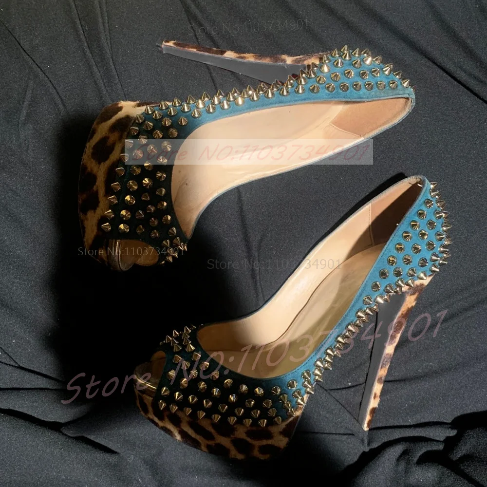 Stud Rivets Leopard Platform Peep Toe Pumps Women Mixed-Color Patchwork Round Toe Stiletto Sandals NIght Sexy High Heels Sandals