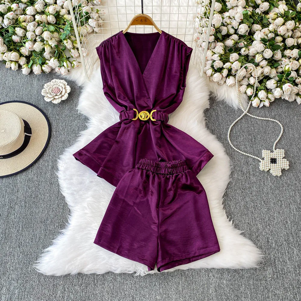 Feminino roxo conjuntos sênior roupa senhora verão elegante luxo cinto terno jantar banquete festa tropical praia férias sexy conjunto