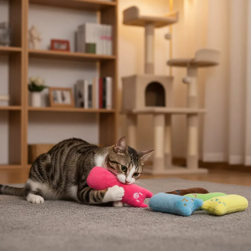 1pc Cat Design Cat Teaser Toy Containing Squeaky Plush Pillow Toy Interactive Pet Supply, Without Battery